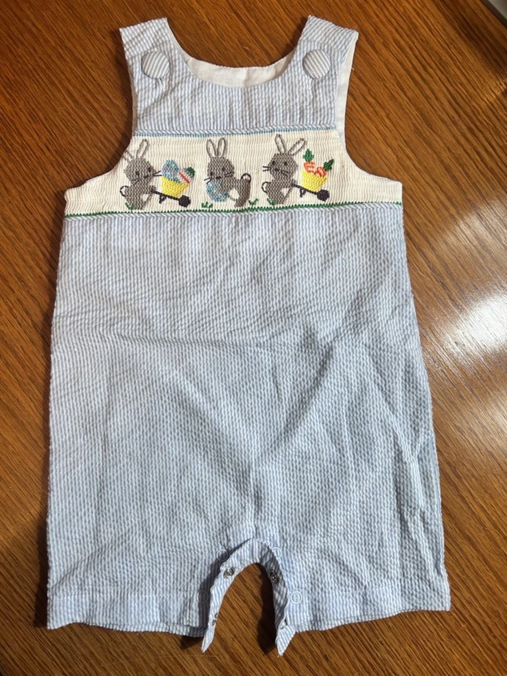 Mud Pie Light Blue Smocked Bunny/spring/Easter Shortall JonJon